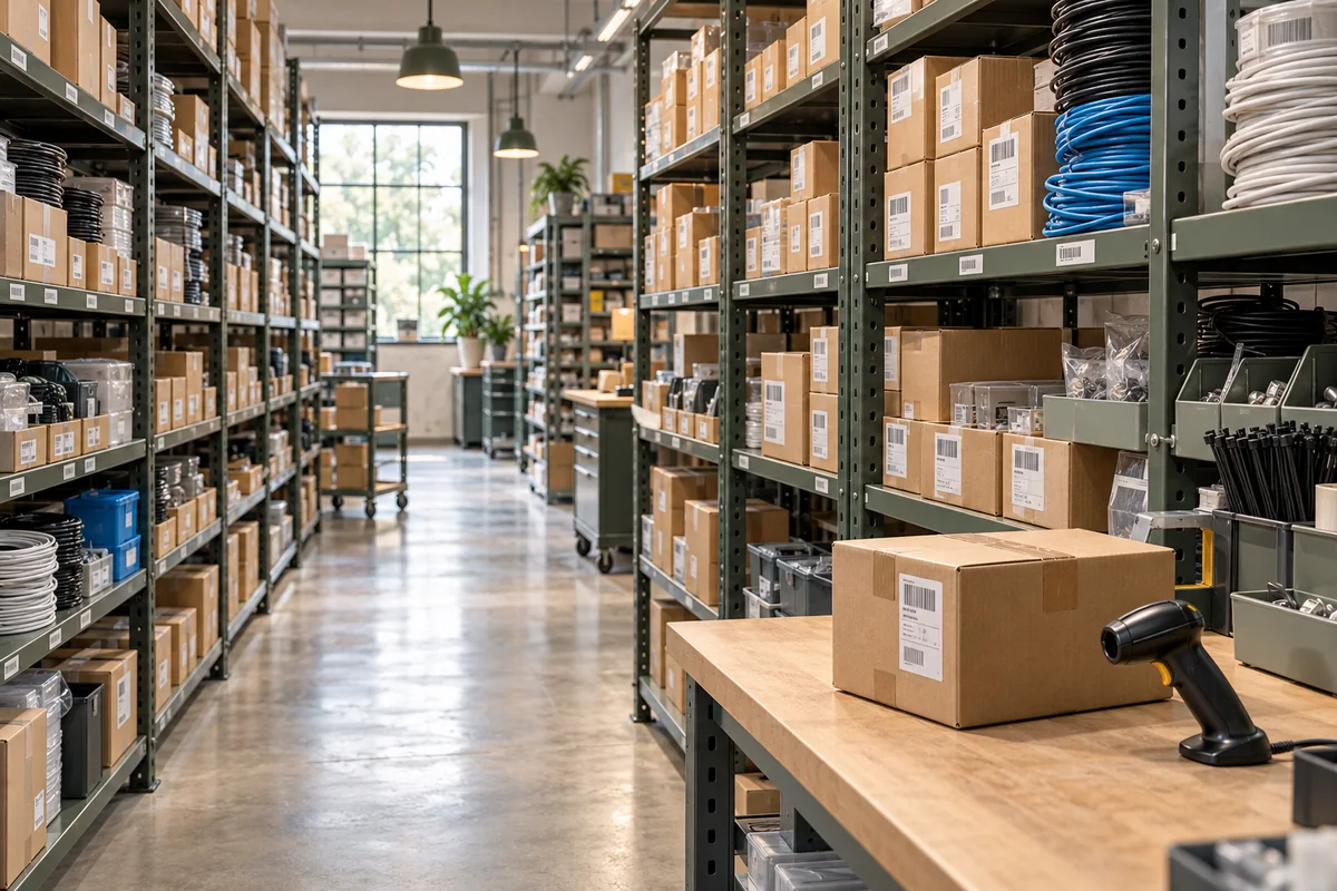 Magazijnrekken met overzichtelijk opgeslagen dozen en barcodelabels