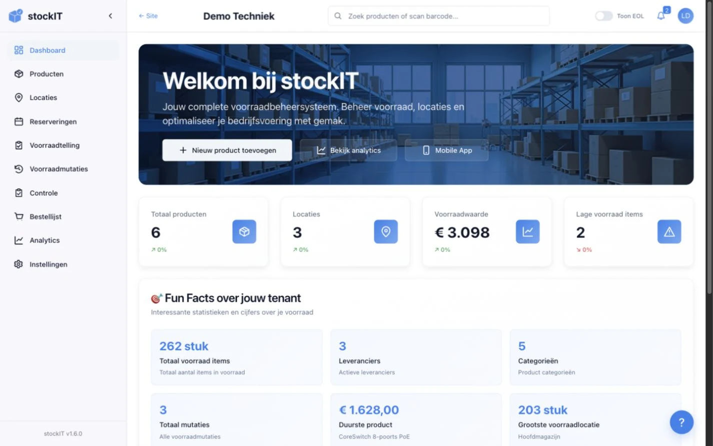 stockIT-dashboard met voorbeeldvoorraad, locaties, voorraadwaarde en waarschuwingen